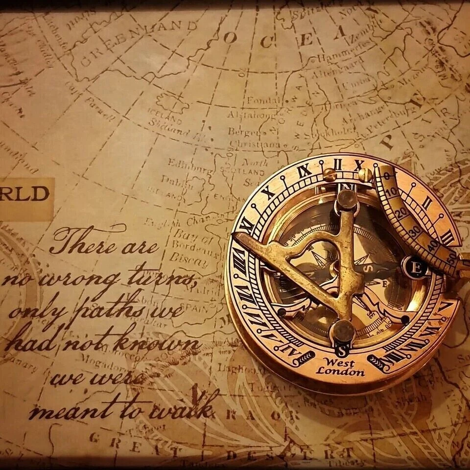 Brass Compass with Leather Case Antique Style Maritime Vintage Sundial Compass