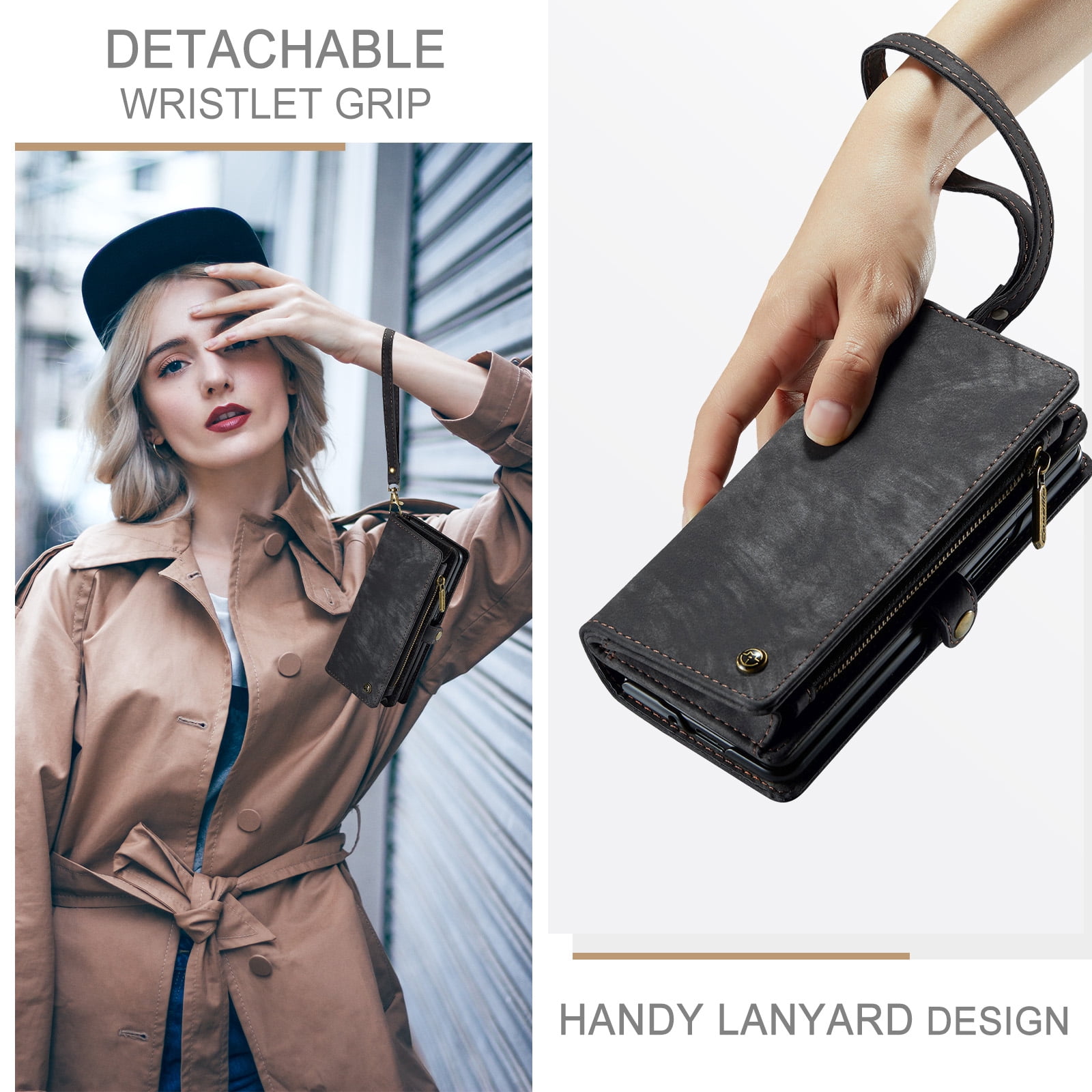 Feishell Durable 2- In-1 Magnetic Detachable Wallet Case for Samsung Galaxy Z Fold 7,for Women Men,Premium PU Leather Zipper Pocket Flip Multi Card Slots Purse Phone Case with Wrist Strap,Black