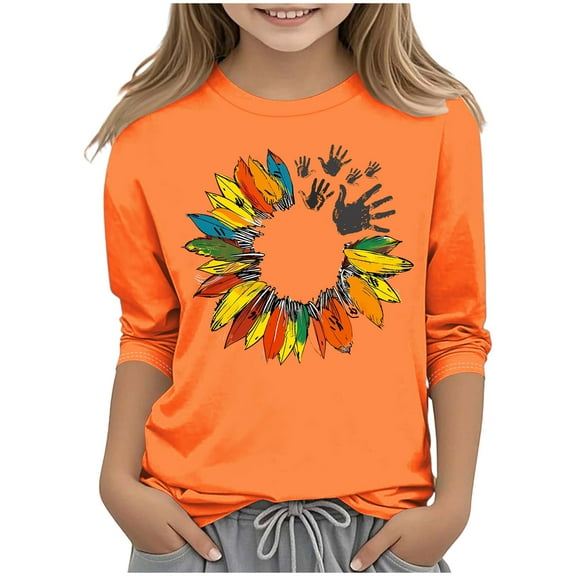 WRKEKC Girls Long Sleeve T-Shirts, Long Sleeve Shirts for Boys, 3-12 Years Boys' and Girls' Orange Festival Casual Print 3/4 Sleeve Round Neck Top