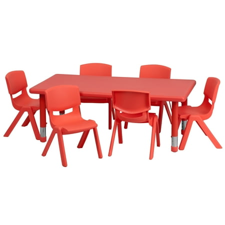 UPC: 0847254052740 | Flash Furniture Emmy 24 W x 48 L Rectangular Red Plastic Height Adjustable Activity Table Set with 6 Chairs