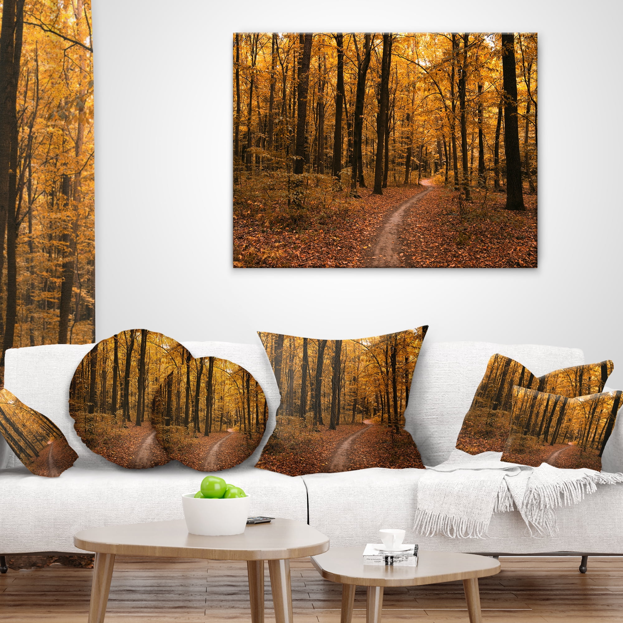 Designart Path in the Yellow Fall Forest - Modern Forest Throw Pillow - 18x18