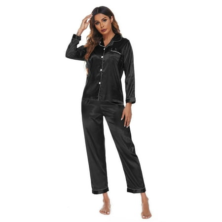 

Silk Satin Pajamas Women Long Sleeve Silk Pj Set Two-piece Button-Down Sleepwear