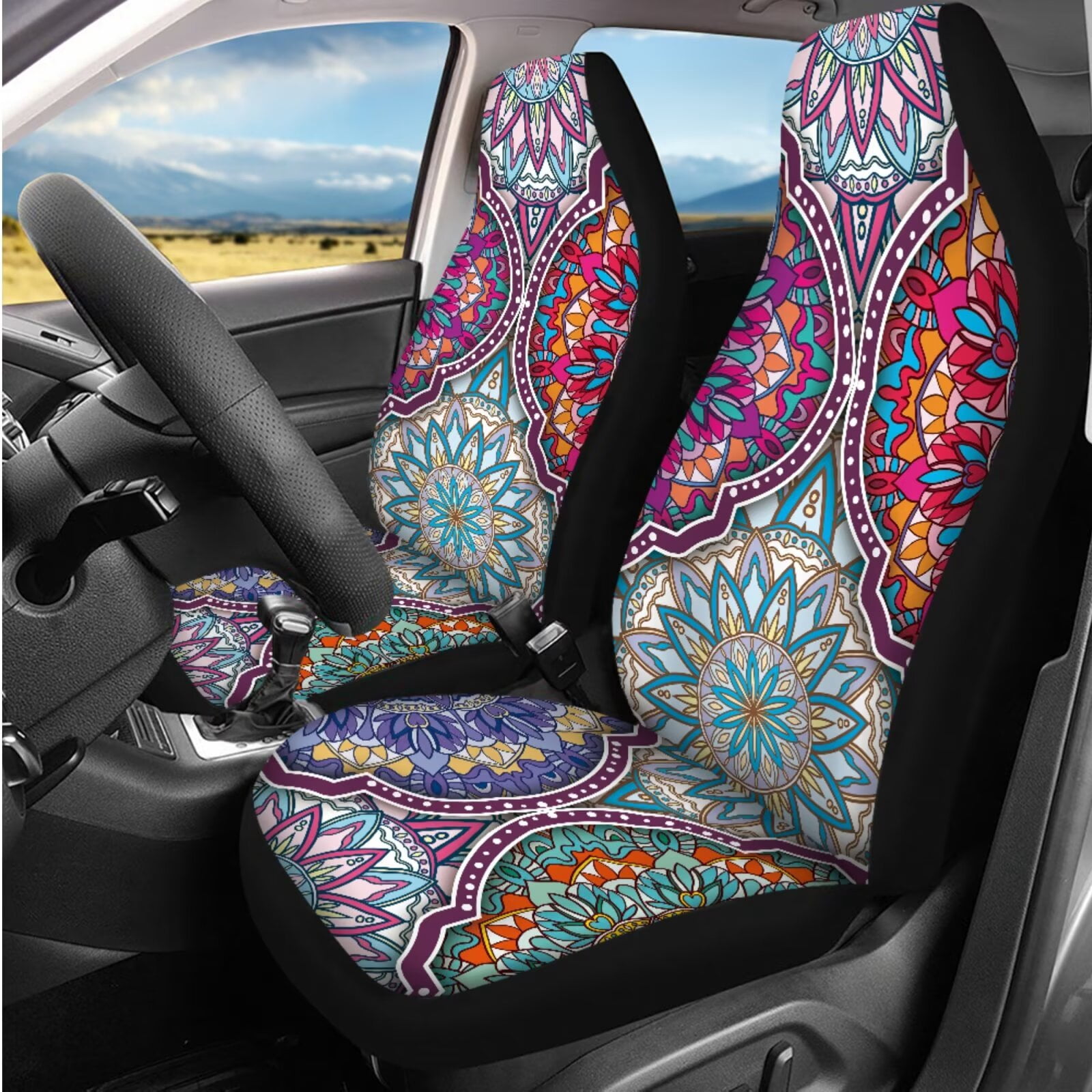 Uorisanigo Art Mandala 14 Pcs Car Seat Covers with Steering Wheel Cover,Seat Belt Covers Cup Holder with Keychain Automotive Protector Set Unverisal Fit Cars SUV Turcks