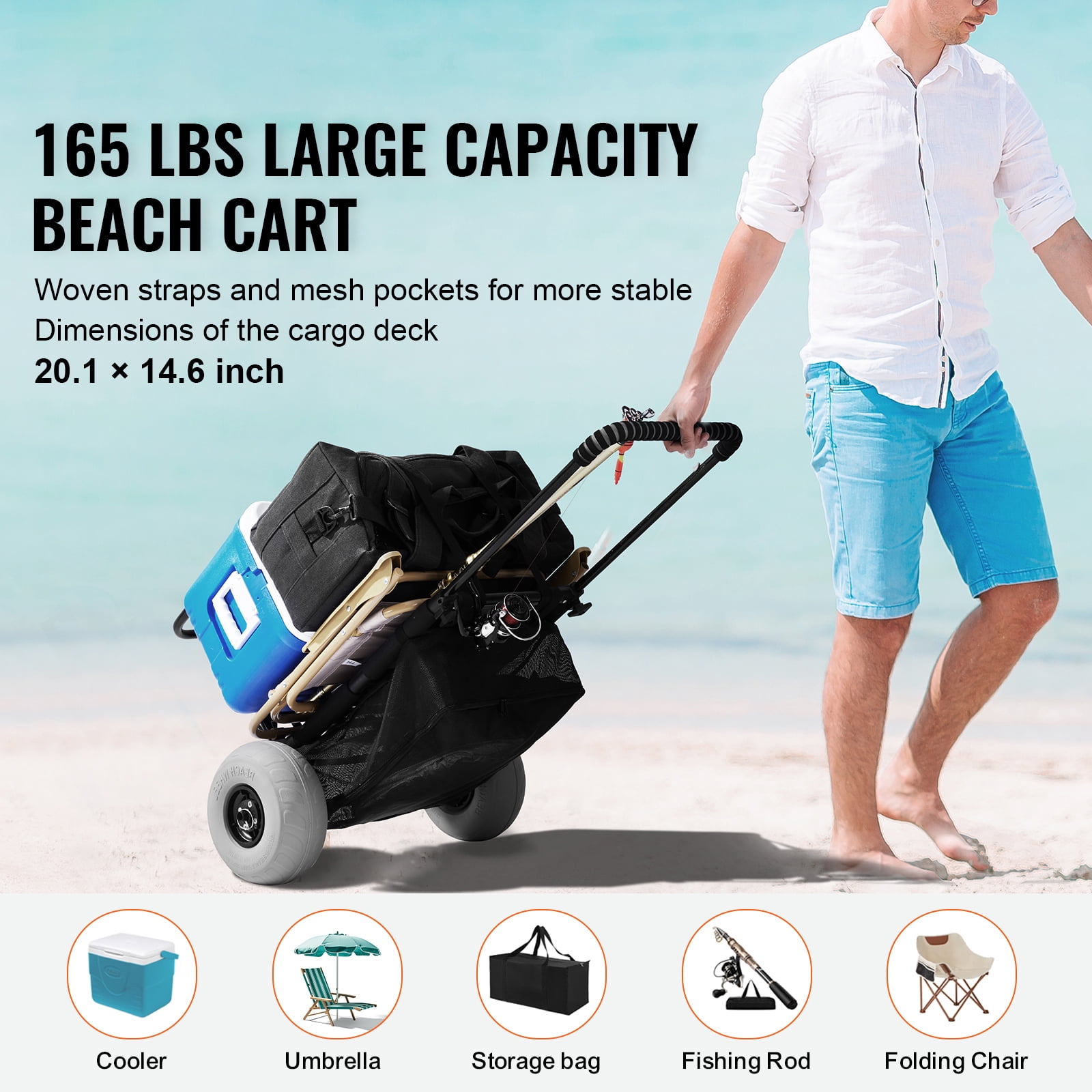 KFFKFF Shore Trolley with Large Sand-Friendly Wheels, Cargo Platform Measuring 20.1" x 14.6", Equipped with 9" Inflatable Wheels, Foldable Sand Wagon Supports up to 165LBS & Offers Adjustable Height