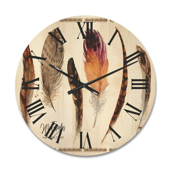 Designart 'Exotic Vibrant Boho Watercolor Feathers' Bohemian & Eclectic Wood Wall Clock