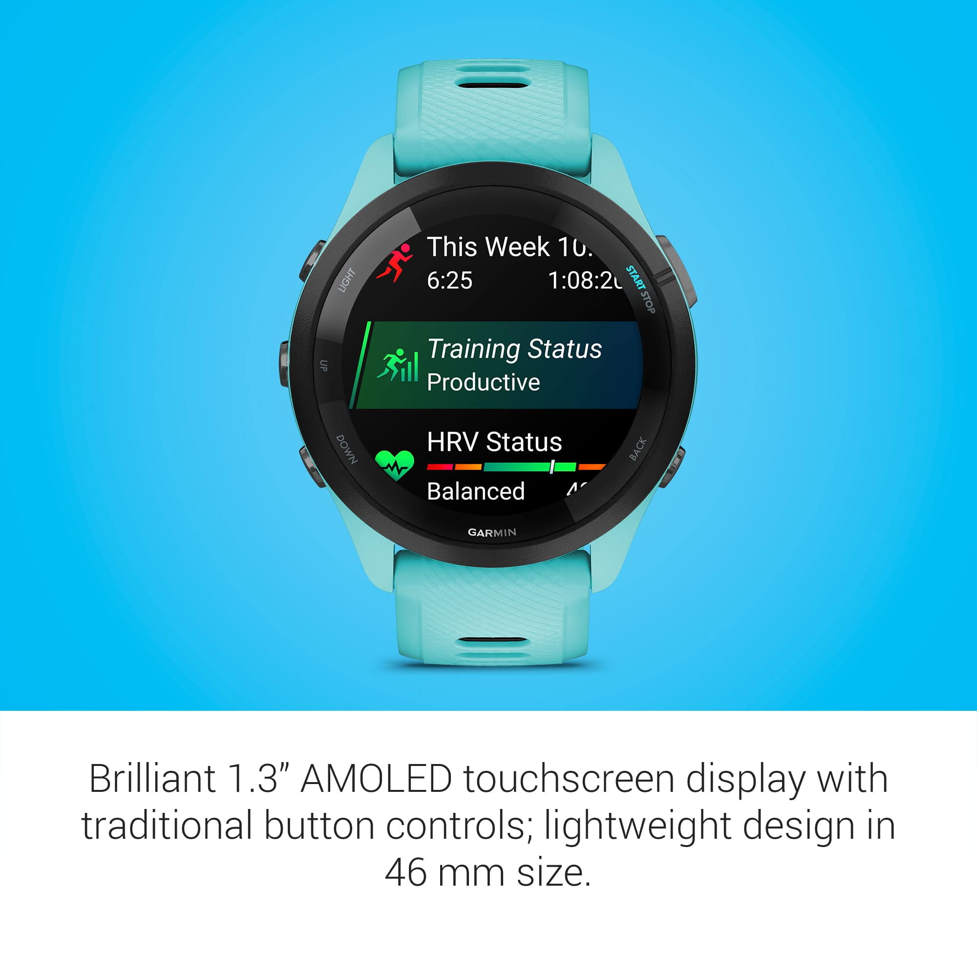  Garmin Forerunner 265 Running Smartwatch, Colorful AMOLED  Display, Training Metrics and Recovery Insights, Whitestone and Tidal Blue  : Electronics