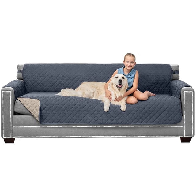 Original Patent Pending Reversible X-Large Oversized Sofa Protector, Many Colors, Seat Width to 78 Inch, Furniture Slipcover, 2 Inch Strap, Couch Slip Cover Throw for Pets, Denim Lt Taupe