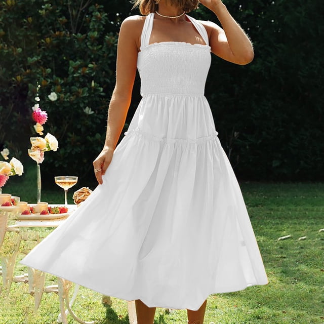 Lenago Robes Grande Taille pour Femmes Robes d'Été Décontractées de Plage Col Halter Sans Manches Robe Unie Robes de Plage d'Été en Solde
