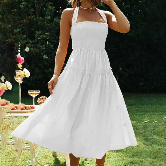 VKEKIEO Midi Dresses For Women Sun Dress Crew Neck Sleeveless Solid White S