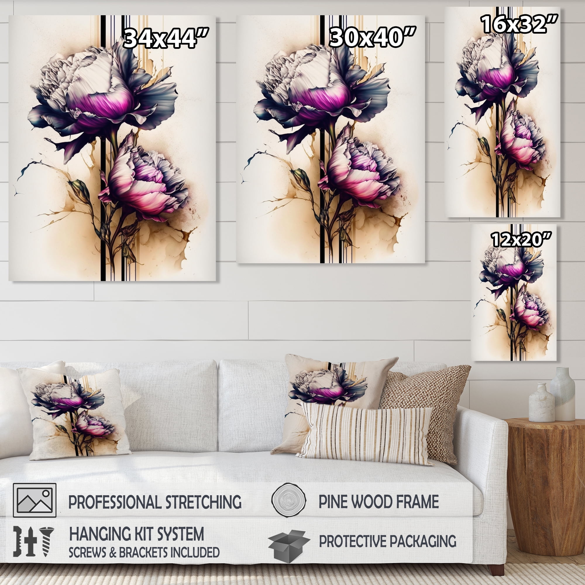 Designart Pink Peony Flower On Abstract Fusion Canvas Wall Art