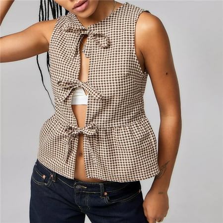 Tie Front Babydoll Peplum Tank Tops for Women Y2k Sleeveless Ruffle Hem Blouse Cute Vintage Lace Up Shirt Summer Vest