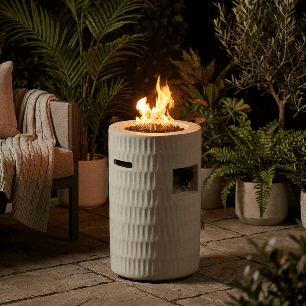 Mintazer 26" Propane Fire Pit, 40,000 BTU Cylindrical Concrete Outdoor Fire Pit with Hidden Tank & Waterproof Cover for Patio Backyard Deck, Beige
