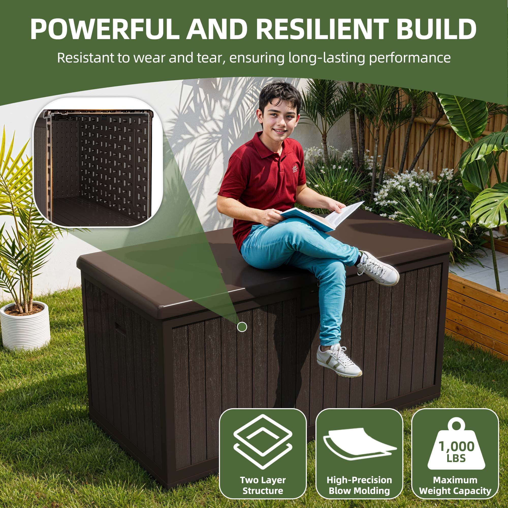 Uforic 230 Gallon Large Deck Box, Outdoor Weatherproof Resin Storage Box with Flexible Divider, Waterproof & Lockable, Brown