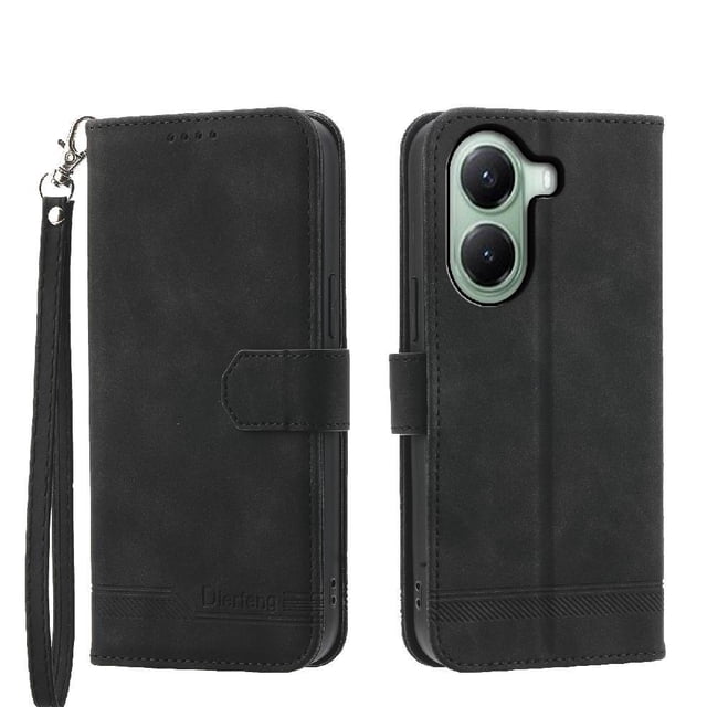 Funda Tipo Billetera para Xiaomi Poco X7 Pro Carcasa Abatible con Porta Tarjetas, Bolsillo para Efectivo, Soporte Ajustable, Cierre Magnético y Correa de Muñeca Negro