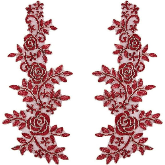 2 Pairs Embroidery Lace Flower Patches Appliques Decorative Floral Leaves Sew on Patch DIY Wedding Dress Collar Sewing Fabric Applique for Clothing Hat Bag Jeans Accessories FireBrick DIY
