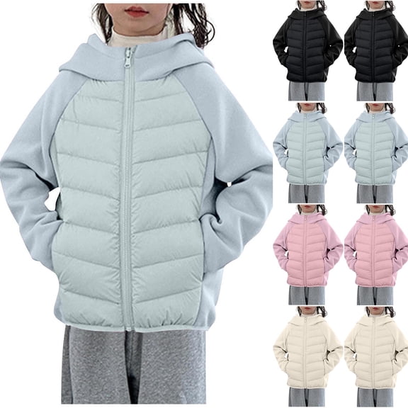 Unisex Kids Fall Winter Splicing Lightweight Hooded Down Jacket, Casual Short Warm Long Sleeve Outerwear,Black