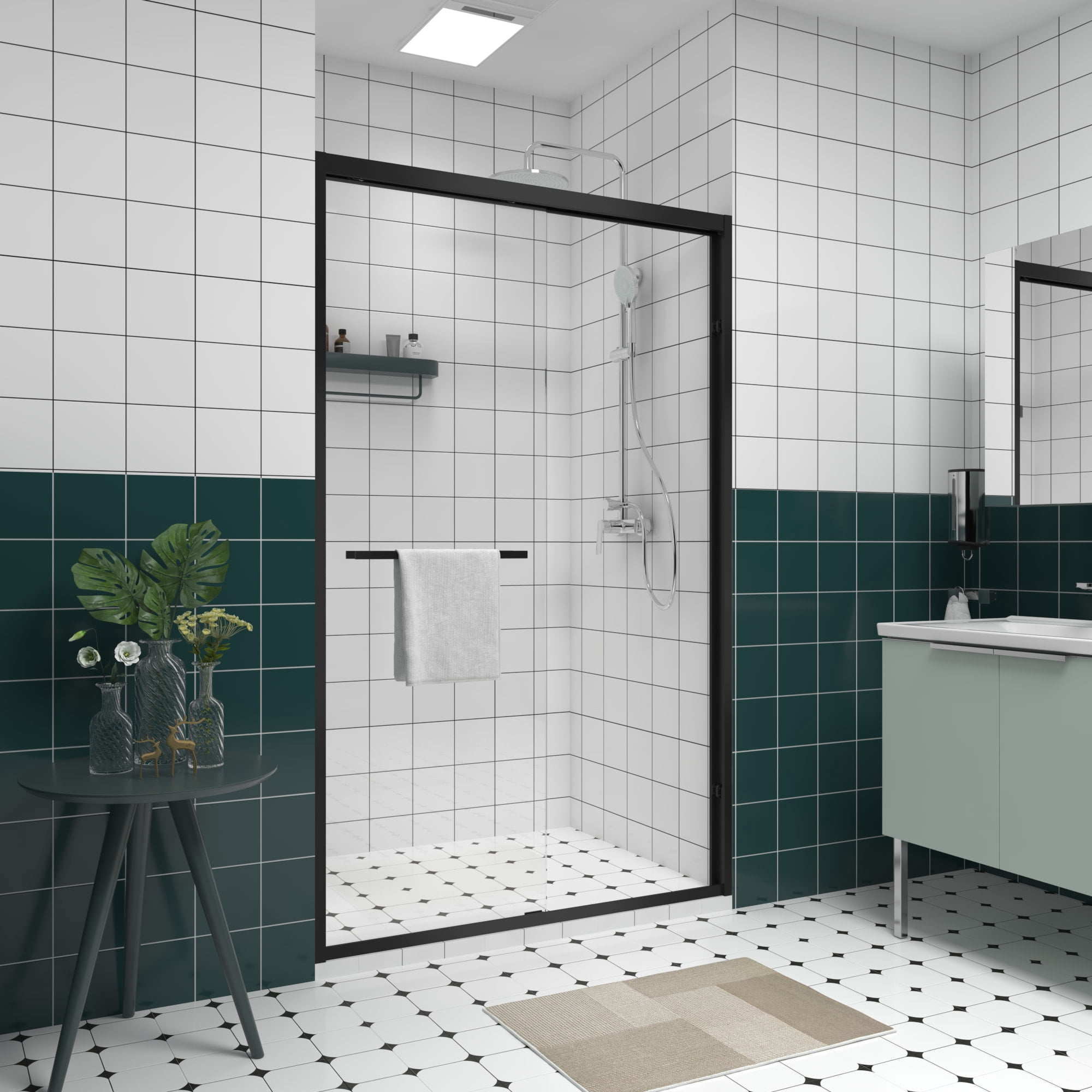Leumius 44-48"x76" Double Sliding Shower Door,Aluminum Frame,Premium 1/4" (6mm) Clear Tempered Glass, Black Hardware Sliding Glass Shower Enclosure,Matte Black Finished