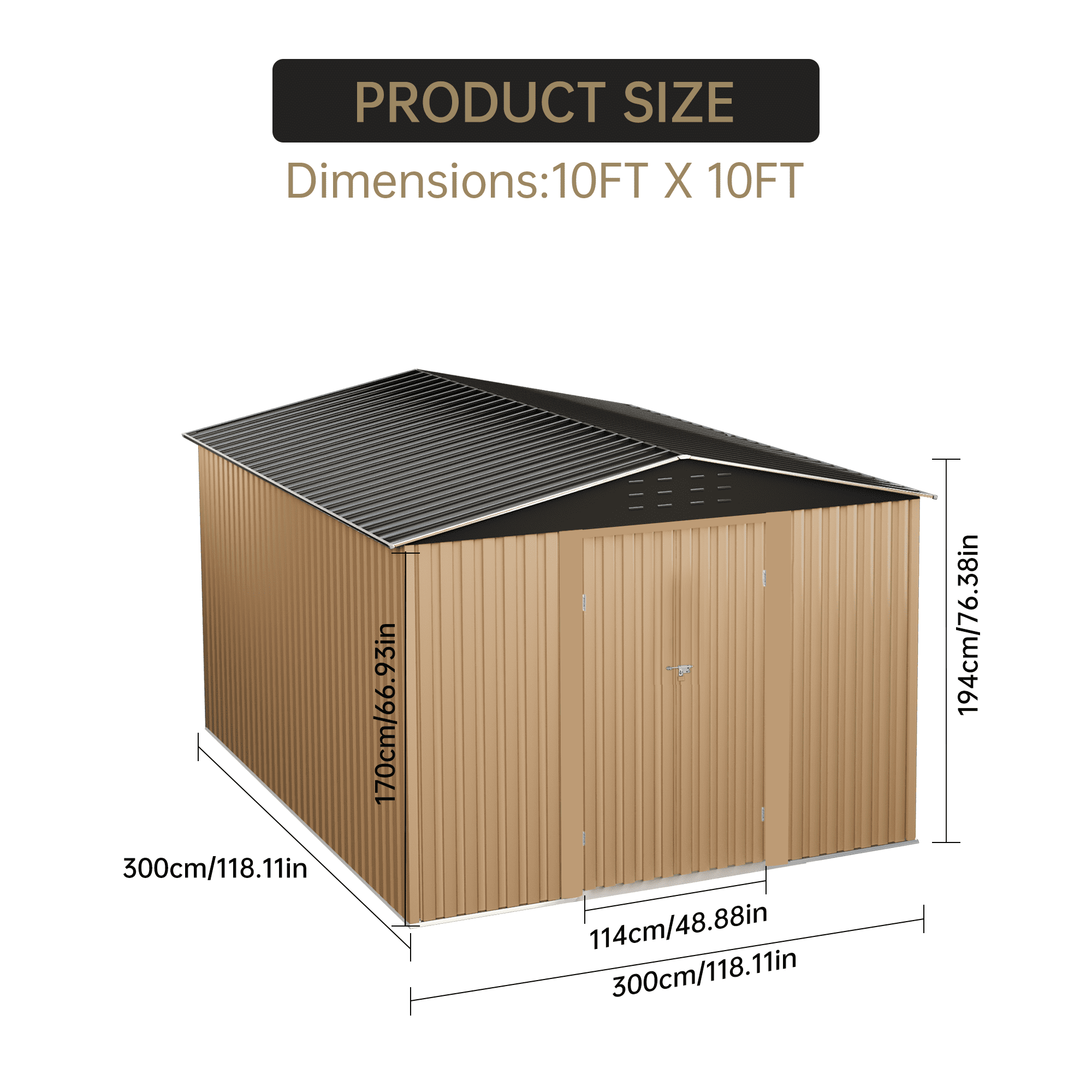 COZONY 10*10ft Galvanized Steel Storage Shed, Waterproof Utility Shed with Lockable Door & Vents for Lawn Mower Bike Tools,Brown