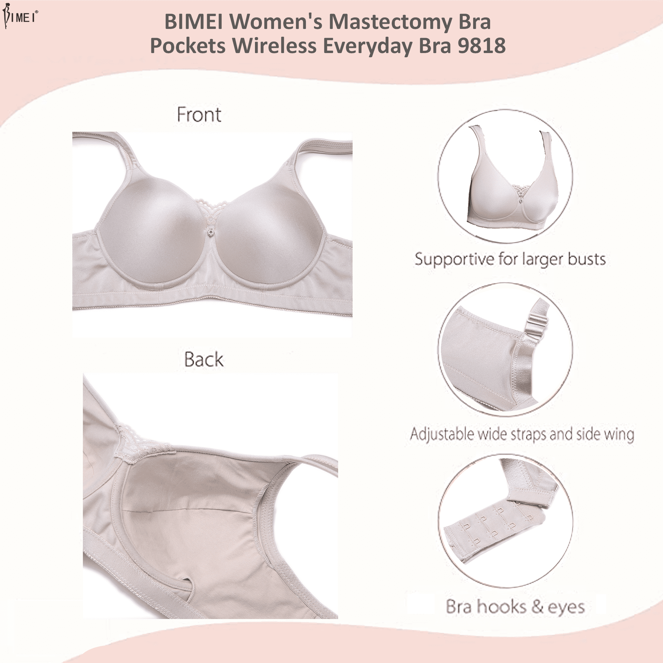BIMEI Women's Mastectomy Bra Pockets Wireless Post-Surgery Invisible  Pockets for Breast Forms Everyday Bra Plus Size Bra 9818,Beige, 38C 