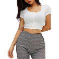 thumbnail image 4 of FOCUSNORM Women Short Sleeve Knit Blouse Solid Color V-neck Slim Short Top, 4 of 7
