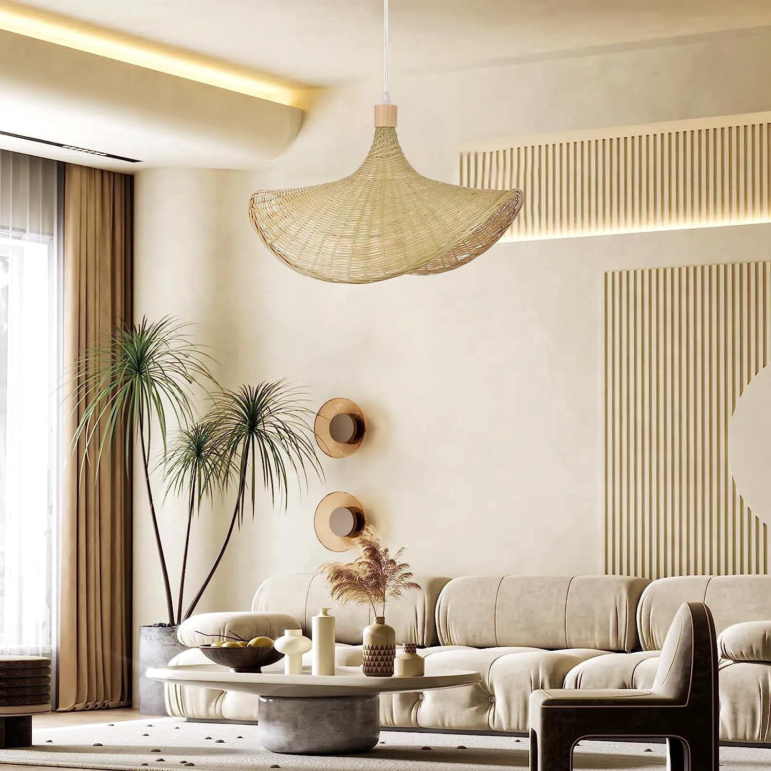 Arturesthome Bamboo Basket Chandelier Wicker Pendant Lighting Fixture, Vintage Hand-Woven Straw Hat Lampshade Hanging Ceiling Light for Restaurant