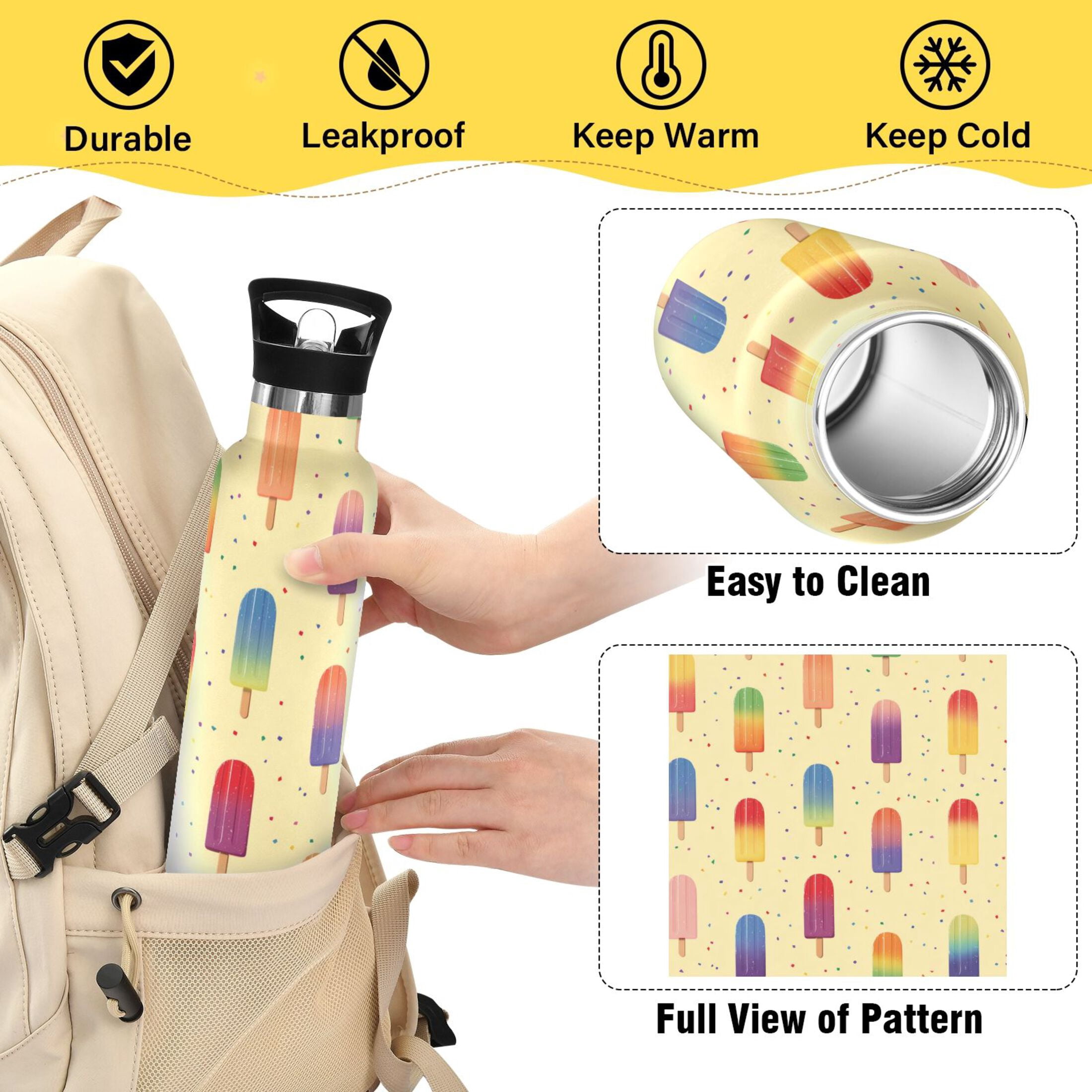 Kids Insulated Stainless Steel Sports Water Bottle 600ml Colorful Popsicles Pattern