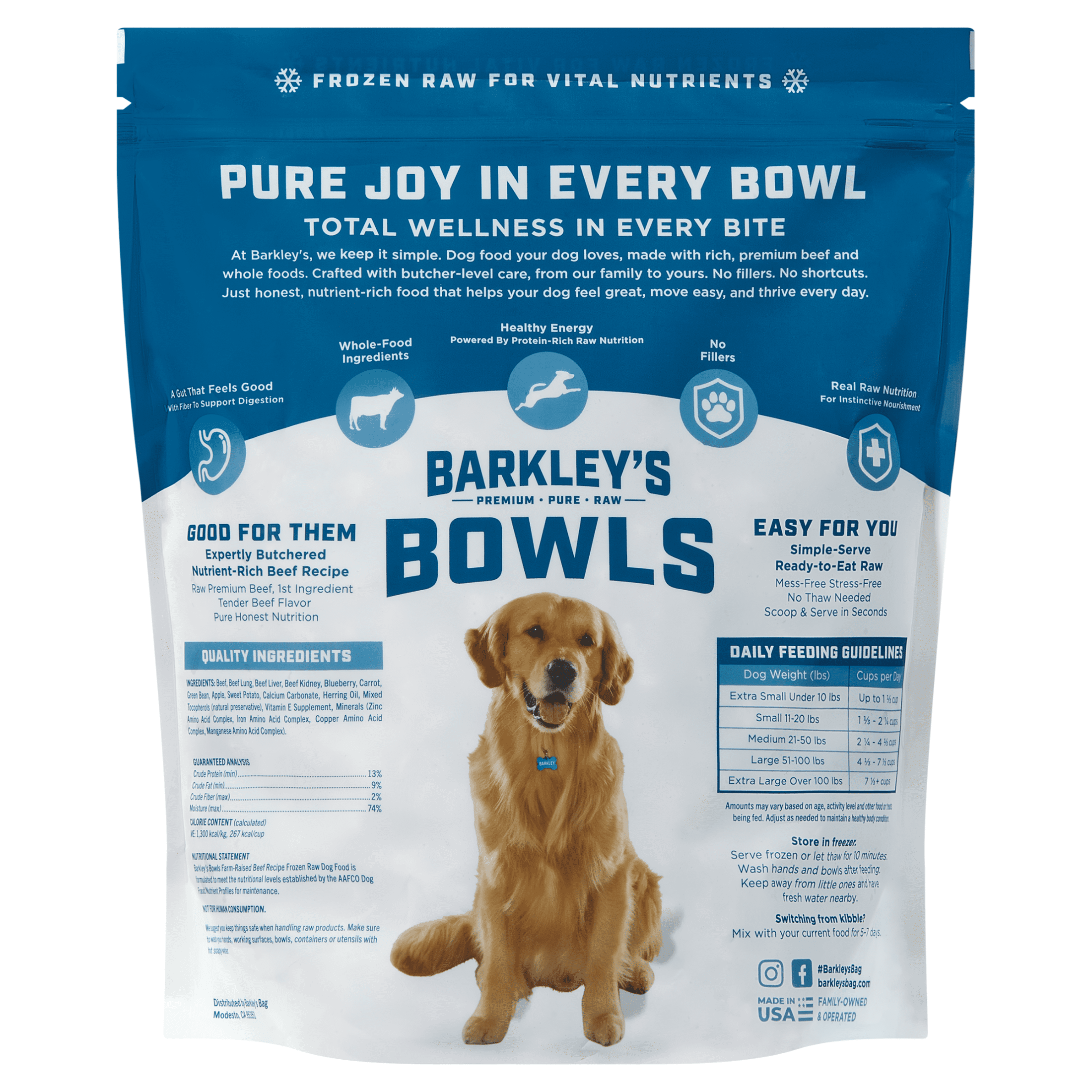 Barkley's Bag Frozen Easy To Digest Beef Bowl. Instant Quick Frozen. 4LB Reclosable Bag