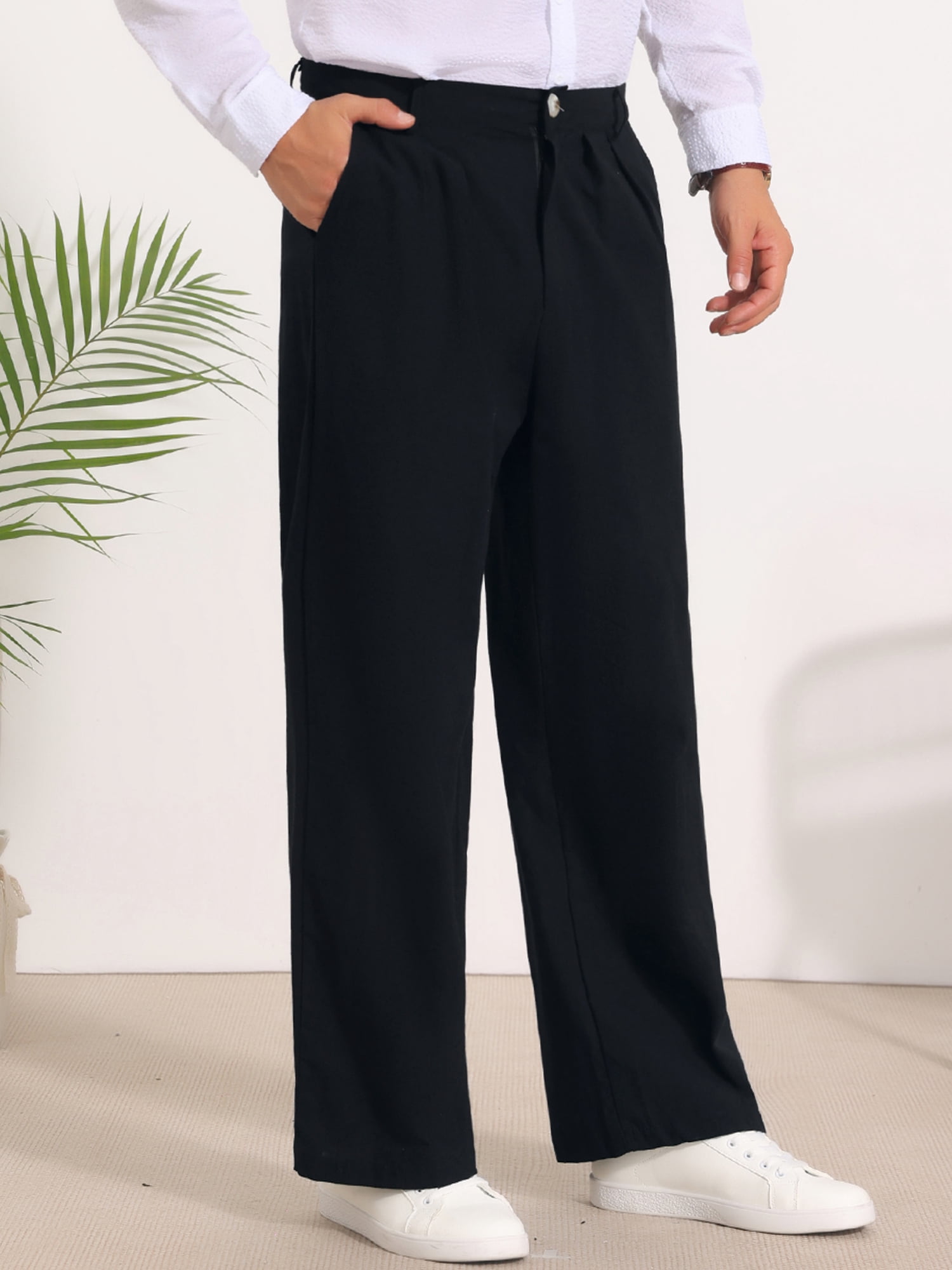 DARING DIVA Men's Lightweight Breathable Linen Pleated Pants with Side Pockets 32 Black