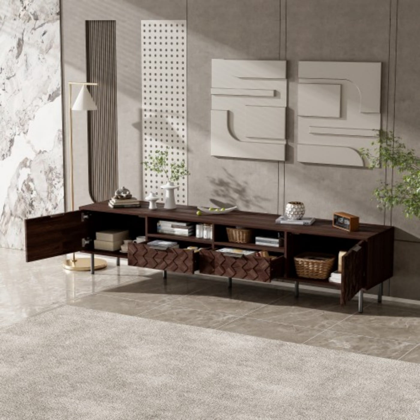 78" Modern TV Stand for TVs up to 85", Entertainment Center with 3D Diamond Pattern, Closed Storage, Cable Management, Soft Close Hinges, Iron Legs, Walnut