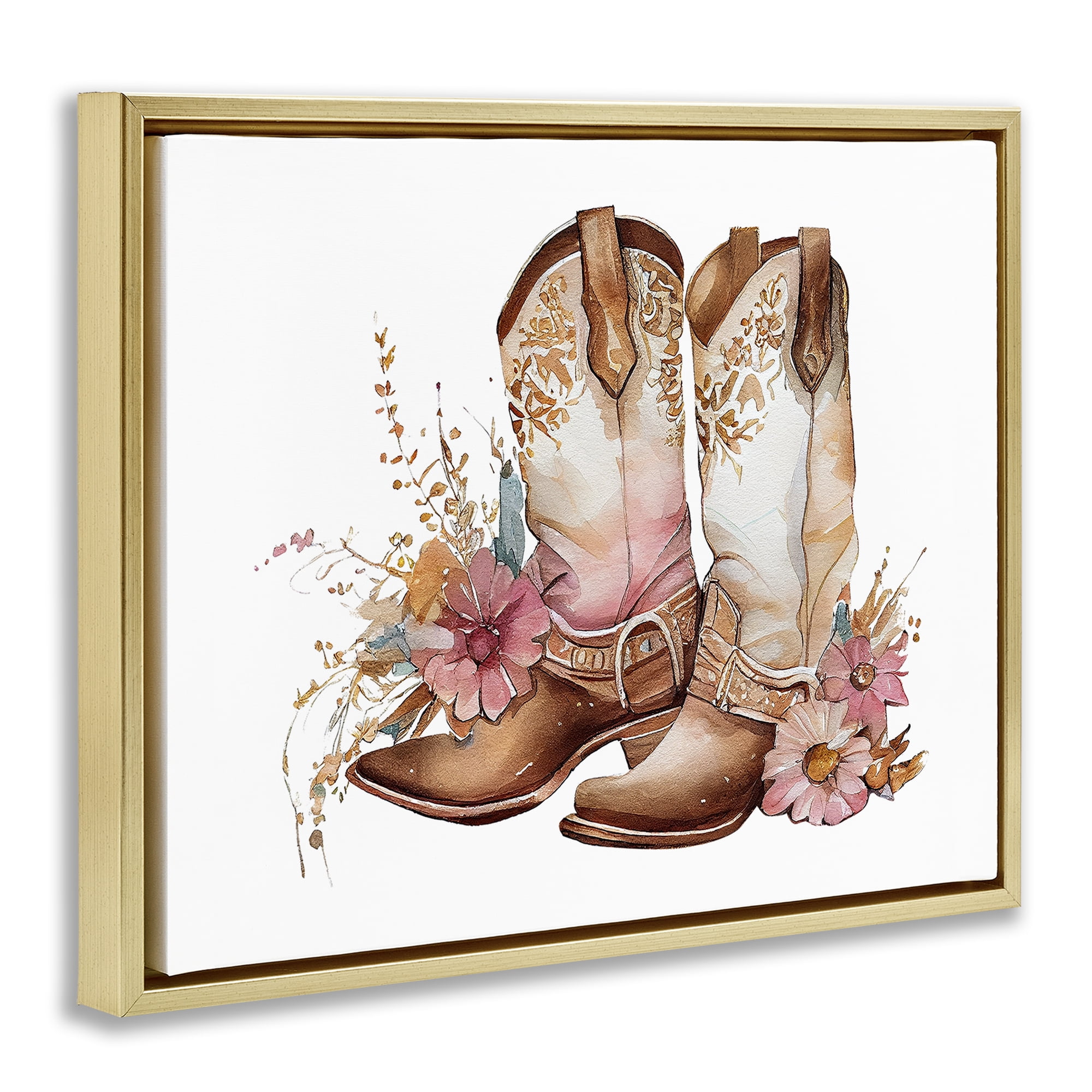 Stupell Industries Blooming Cowboy Boots Plants & Flowers Painting Gold Floater Framed Canvas Art Print Wall Art, 21 x 17