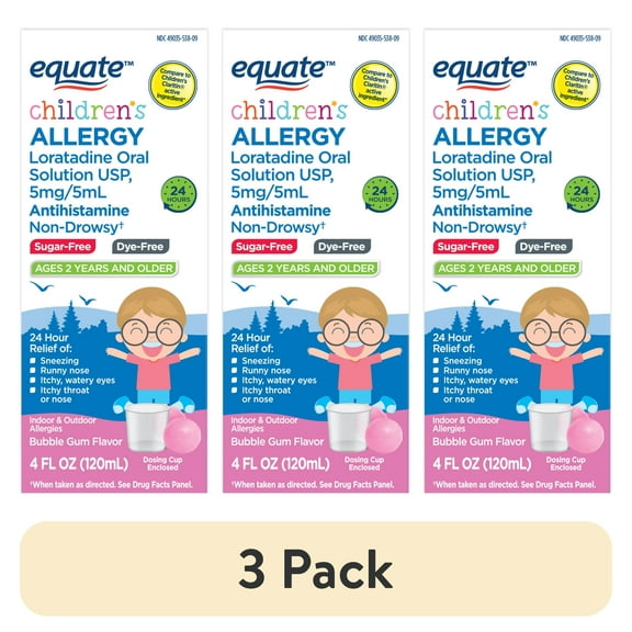 (3 pack) Equate Children’s 24-Hour Dye-Free Non Drowsy Loratadine Allergy Relief Oral Solution, Bubble Gum Flavor, Ages 2 Years and Older, 4 fl oz, Compare to Children's Claritin® Active Ingredient