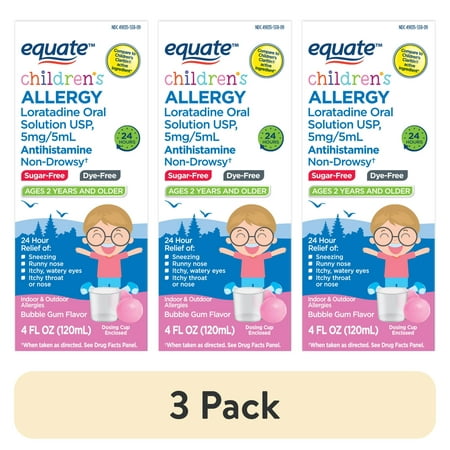 (3 pack) Equate Children’s 24-Hour Dye-Free Non Drowsy Loratadine Allergy Relief Oral Solution, Bubble Gum Flavor, Ages 2 Years and Older, 4 fl oz, Compare to Children's Claritin® Active Ingredient
