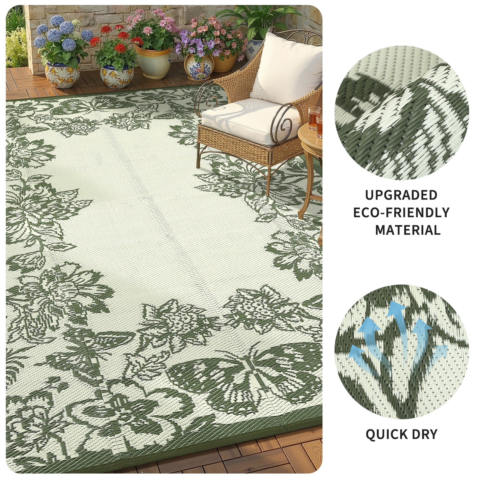 Nanan 9x18 Outdoor Rug, Plastic Straw Rug, Modern Waterproof Reversible Outdoor Patio Rugs for Camping Picnic Backyard Balcony, Green