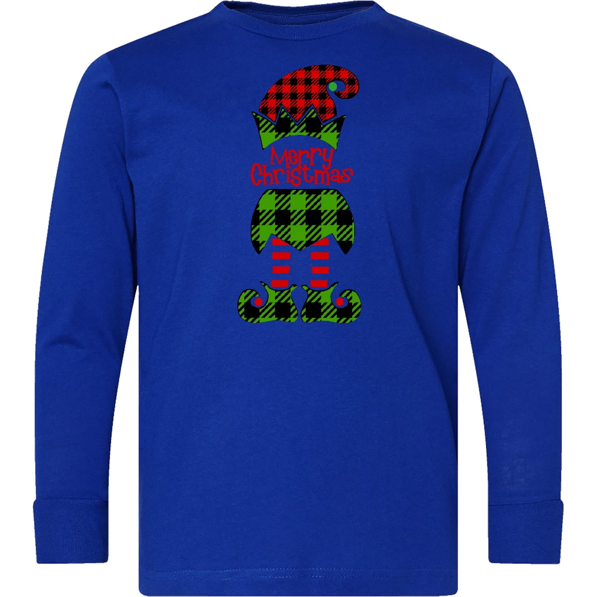 Inktastic Merry Christmas Elf in Red and Green Plaid Long Sleeve Youth T-Shirt