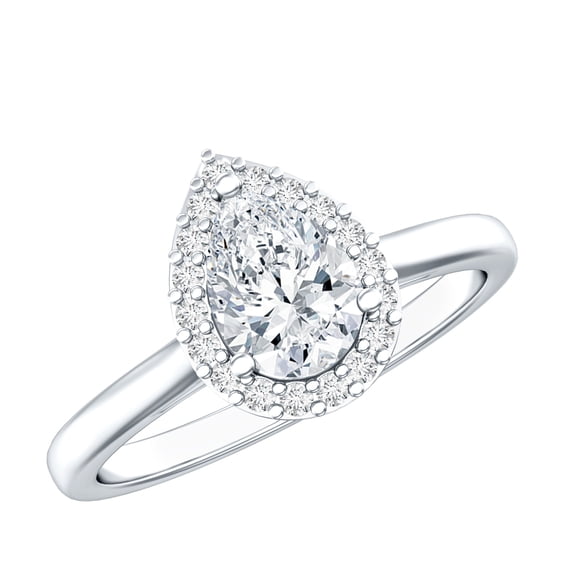 Rosec Jewels Moissanite Pear Shaped Engagement Ring with Halo - 5X7 mm - Teardrop Ring - D-VS1 Quality Certified, 925 Sterling Silver, US 4.00