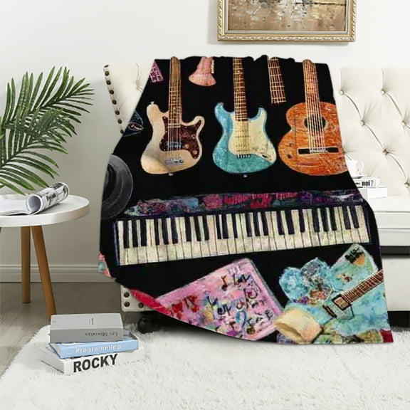 Autua Music Theme Blanket for Sofa Couch Chair Guitar Throw Blanket Twin Black Soft Warm Fleece Blanket Modern Fashion Sherpa Blanket Gift for Music Lovers 40x50in