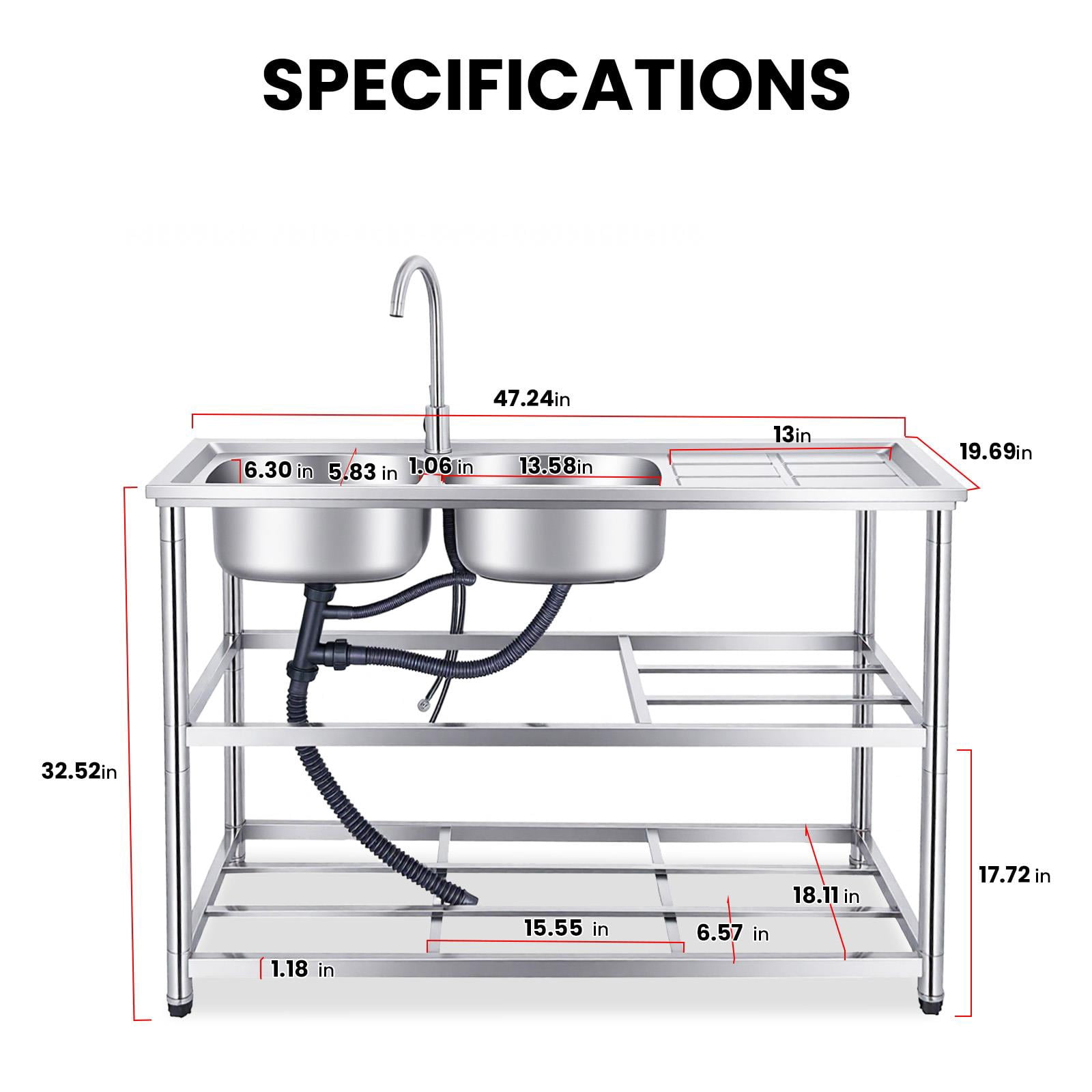 QUHEE 304 Stainless Steel Free Standing Sink Station, 47in Double Bowl Utility Sink with Storage Shelf for Home Kitchen Laundry Room Outdoor Patio