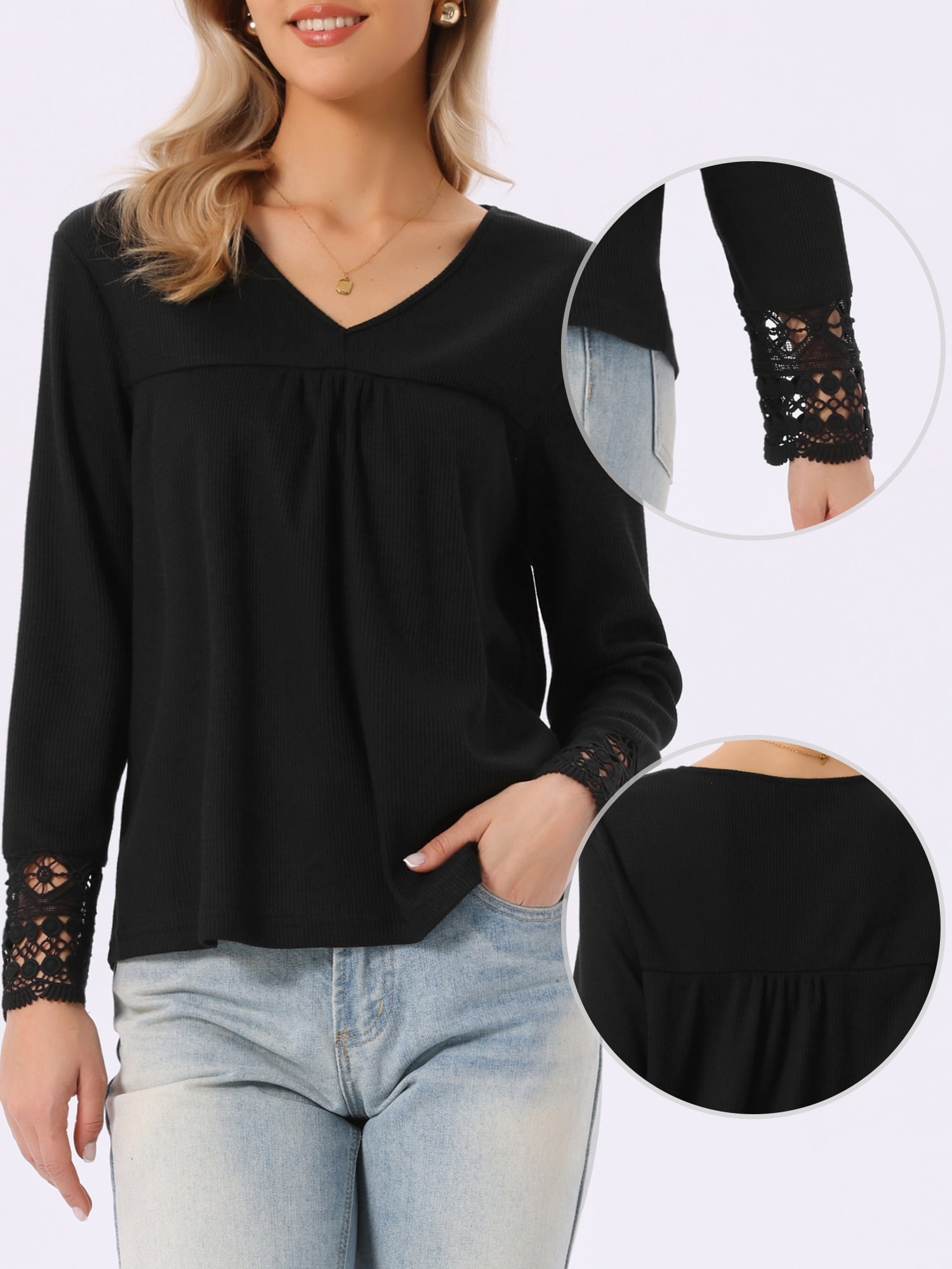 DARING DIVA Women's Long Sleeve V Neck Casual Tops Lace Blouses S Black