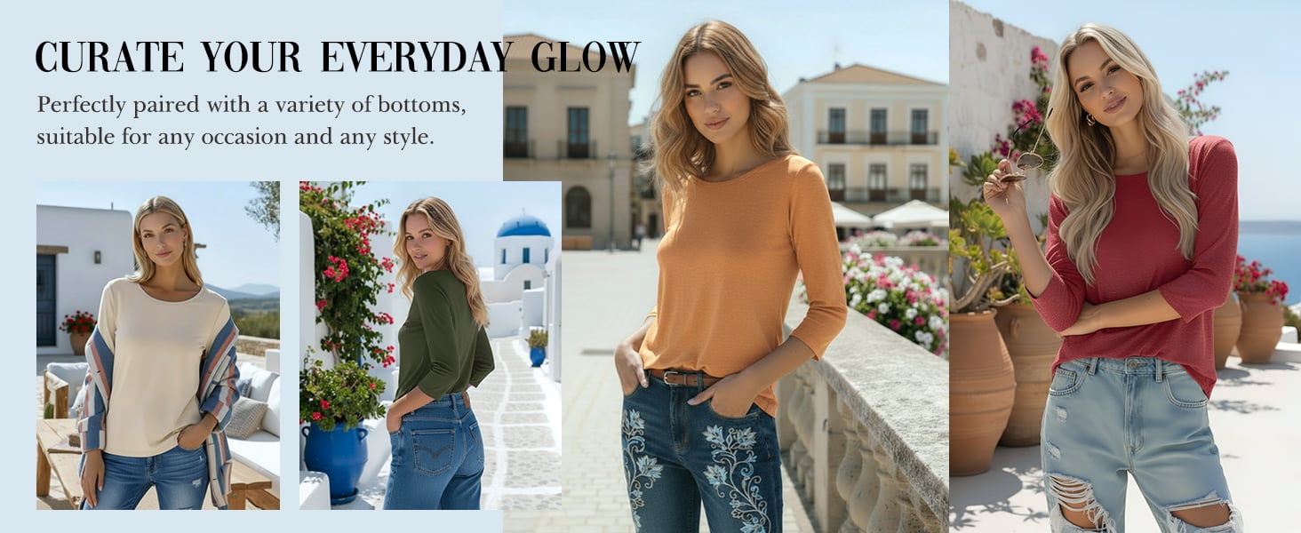 MOSHU 3 Pack 3/4 T Shirts for Womens Crew Neck Womens Plus Size Shirts Dressy Basics Tees Casual Loose Fit Fall Tops