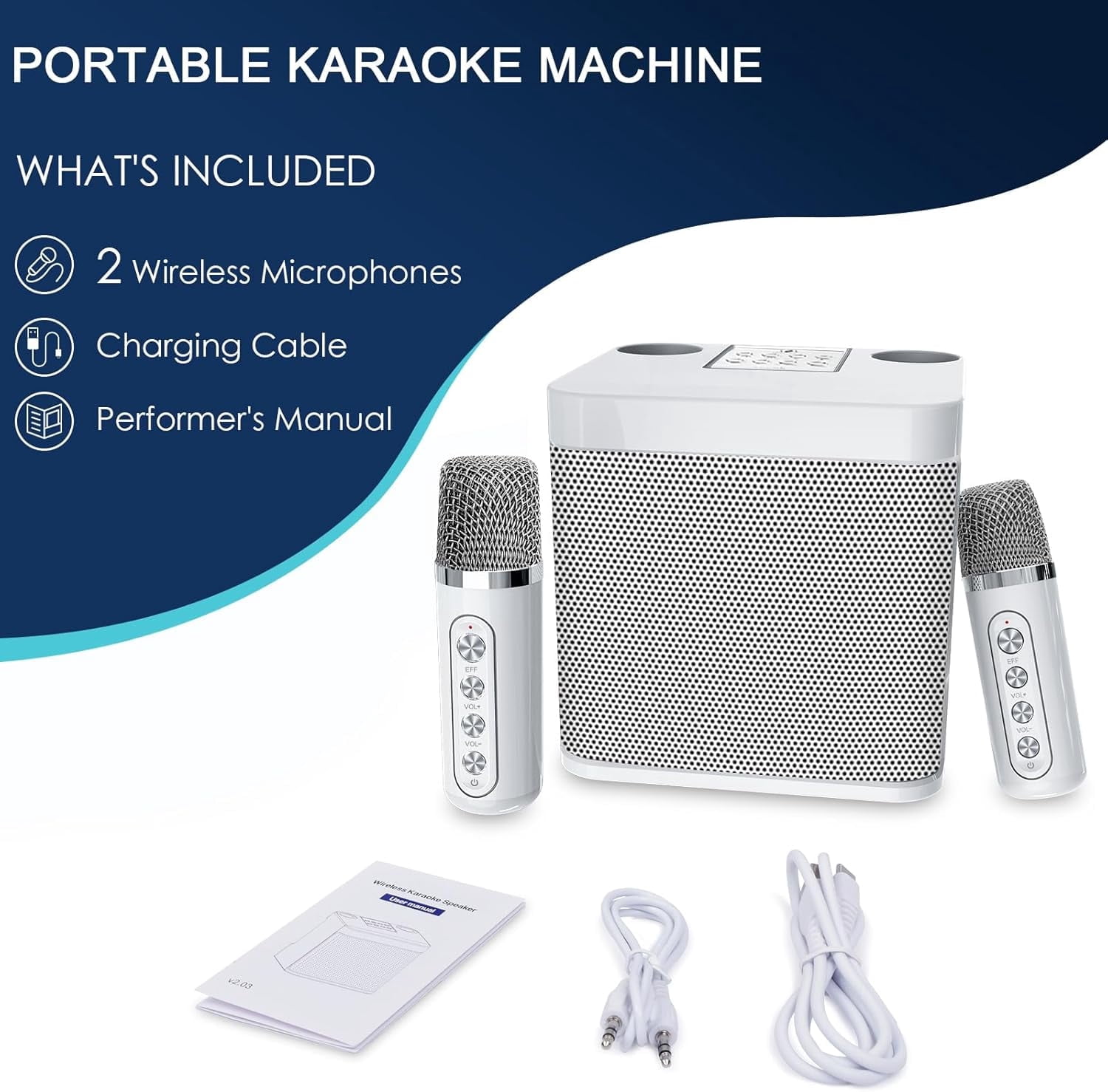 Karaoke Machine with 2 Wireless Mics, Portable Bluetooth Speaker for TV Singing, Home Party & Gifts for Adults, Kids, Boys & Girls White