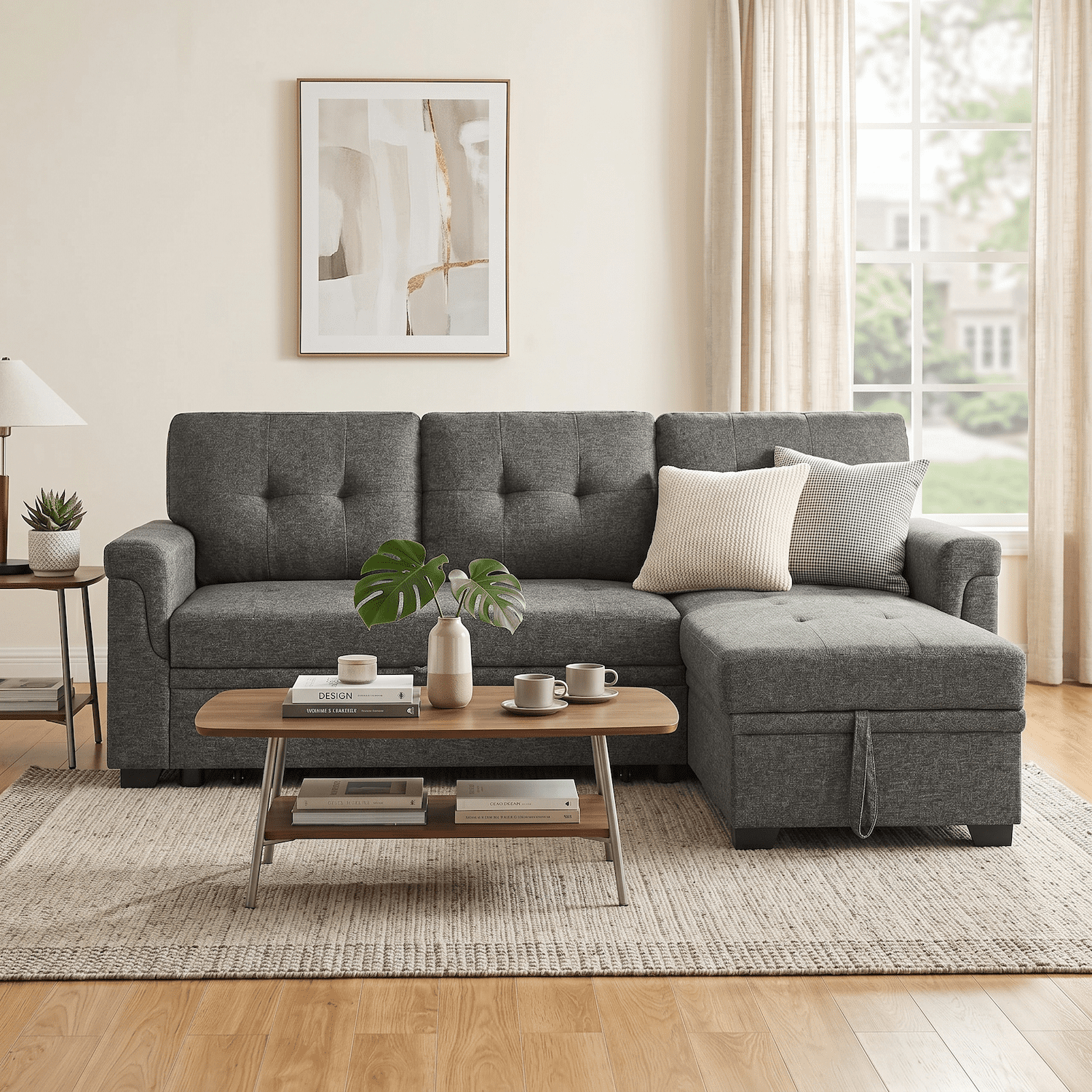 Convertible Sleeper Sofa Bed 86" L Shaped Sectional Couch with Pull Out Bed & Reversible Storage Chaise, Modern Linen Fabric Sofa Couch for Living Room Apartment (Gray)