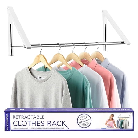 Double Foldable Clothing Rack w/Extension Rod, Wall-Mounted Retractable Clothes Hanger for Laundry Dryer Room, Hanging Drying Rod, Small Collapsible Folding Garment Racks, Dorm Accessories (White)