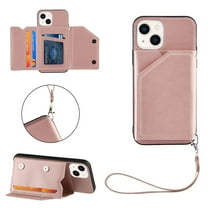Elehold Lanyard Wallet Case for iPhone 14 6.1 Inch Max Premium vegan leather with Wrist Strap,Shockproof Magnetic Buckle Flip Kickstand Credit Card Slots Anti-Scratch Protective Cover,Rosegold
