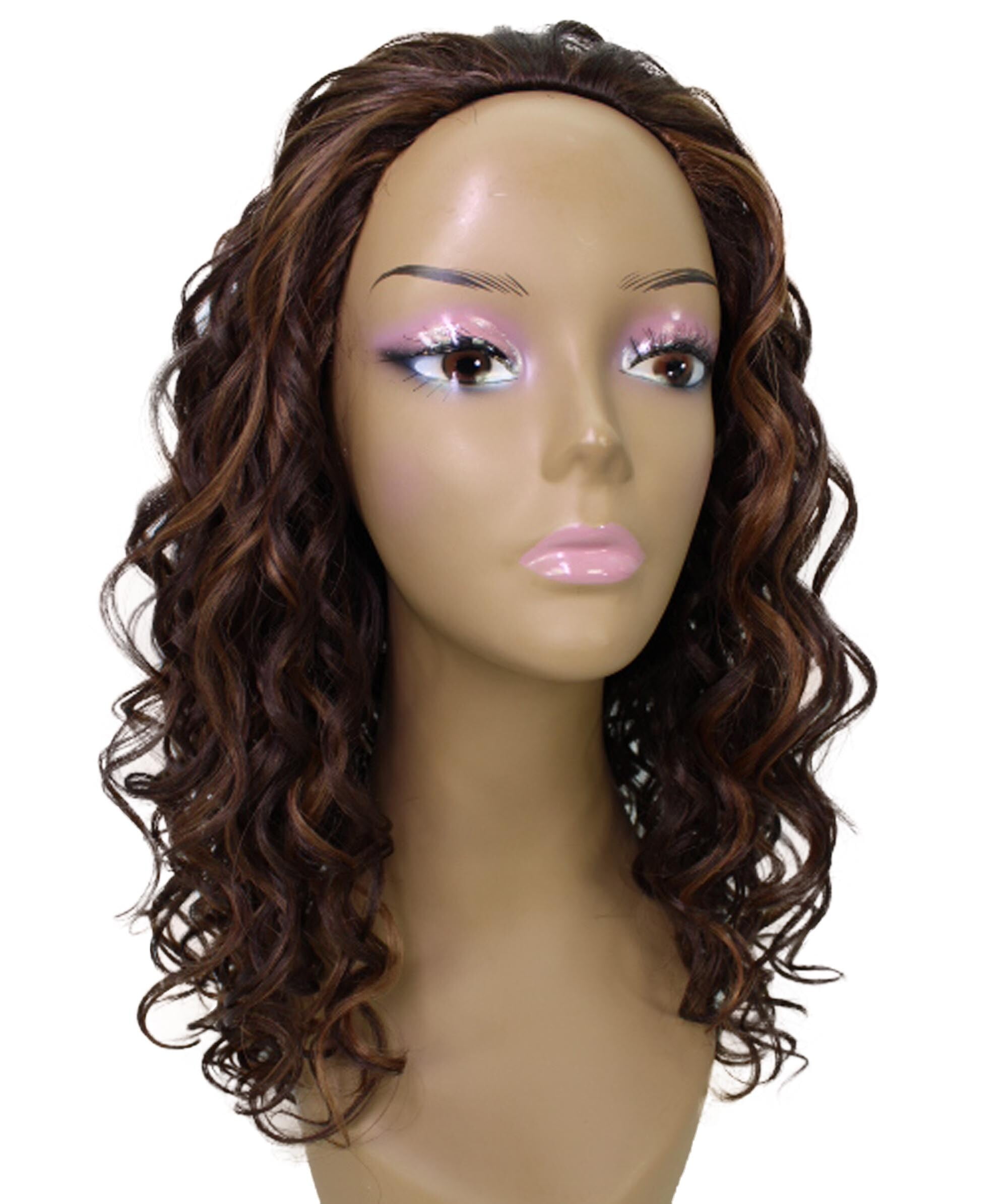 LUXLUXE Edwina Curly Layered 17 in Long Half Wig Mix Human Hair and Synthetic Fibers, Brown with Caramel Highlights