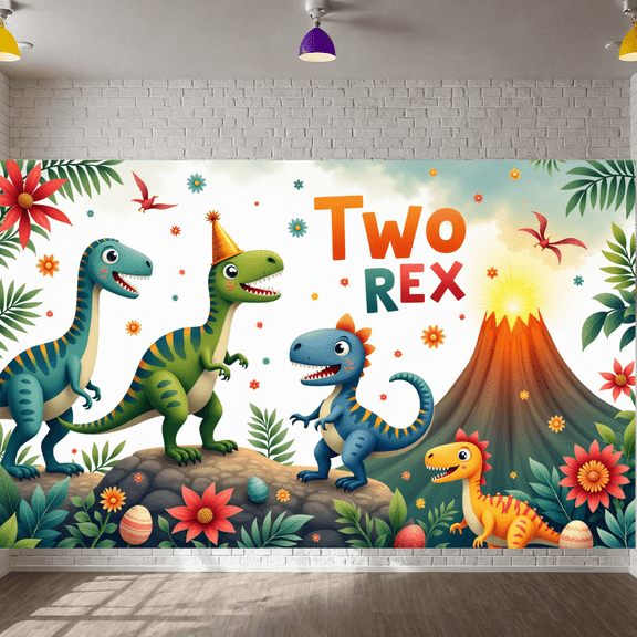 Cartoon Dinosaur Banner Colorful Kids Party Backdrop for Childrens Celebration Party Decoration Photo Shoot