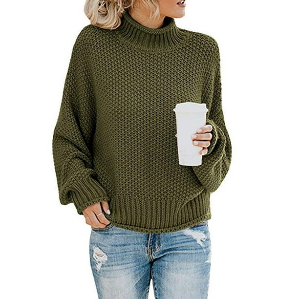 Suéter de mujer de gran tamaño, medio cuello alto, manga de murciélago, punto grueso, suelto, , cuello alto, sólido, informal, jersey, , SG Yinane suéter de mujer de gran tamaño