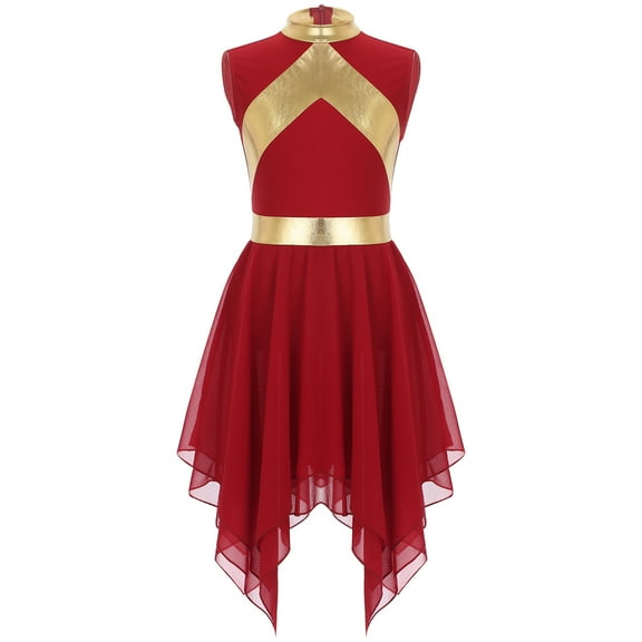 TiaoBug Kids Girls Sleeveless Lyrical Dance Dress Metallic Gold Worship Asymmetrical Hem Tunic Burgundy 10