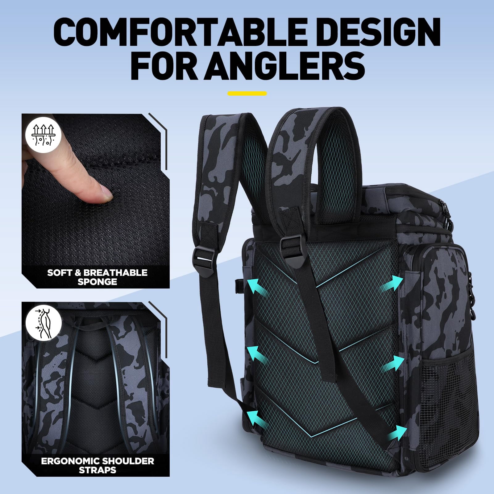 Fishing Backpack With Rod Holders  42l Large Water-resistant Tackle Bag For Camping Hiking Gifts - Black Camo (4 Boxes)