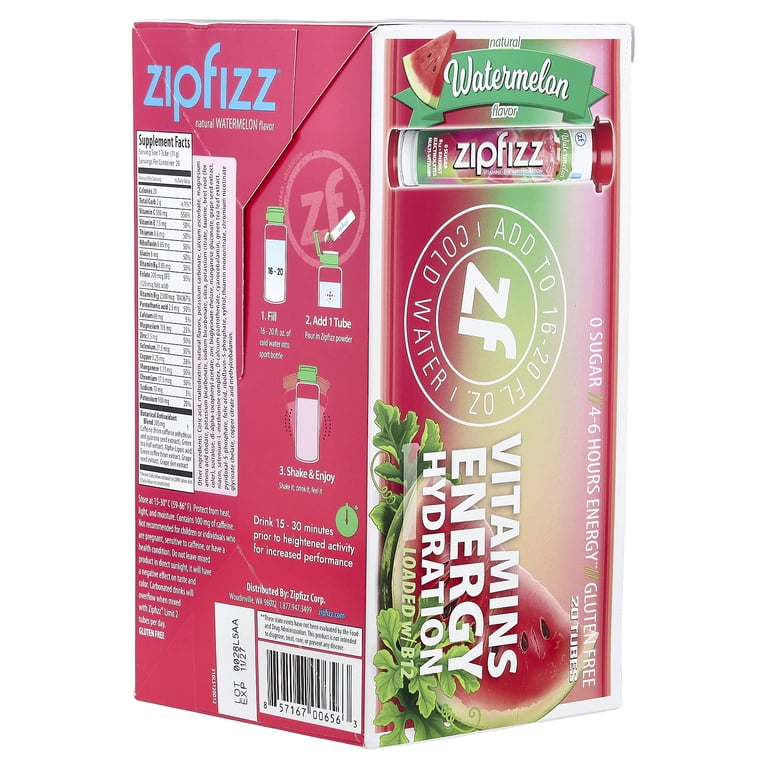 Zipfizz Watermelon, 20 Tubes, 0.39 oz Each, Vitamins Energy