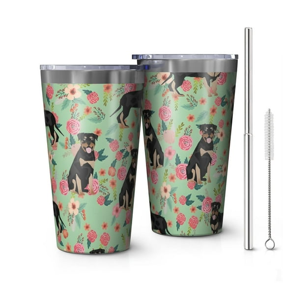 16oz Tumblers Rottweiler with Floral Stainless Steel Vacuum Insulated Double Wall Travel Tumbler Cups Mug with Lid and Straw,Cleaning Brush for Coffee,Tea